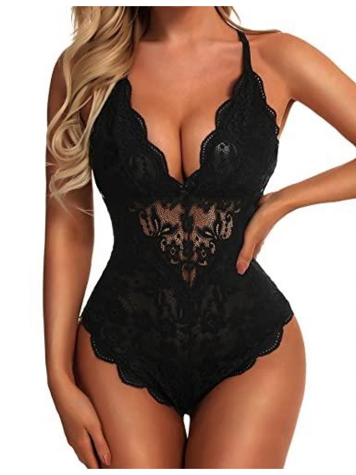 Sexy Lingerie Snap Crotch Bodysuit One Piece Lace Teddy Deep V Cut Out Floral Babydoll Underwear 