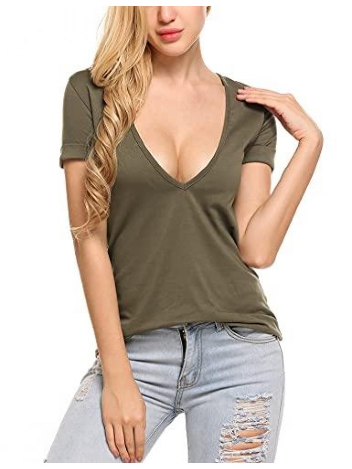 Women's Deep V T-Shirt Summer Short Sleeve Loose Casual Top(S-XXL) 