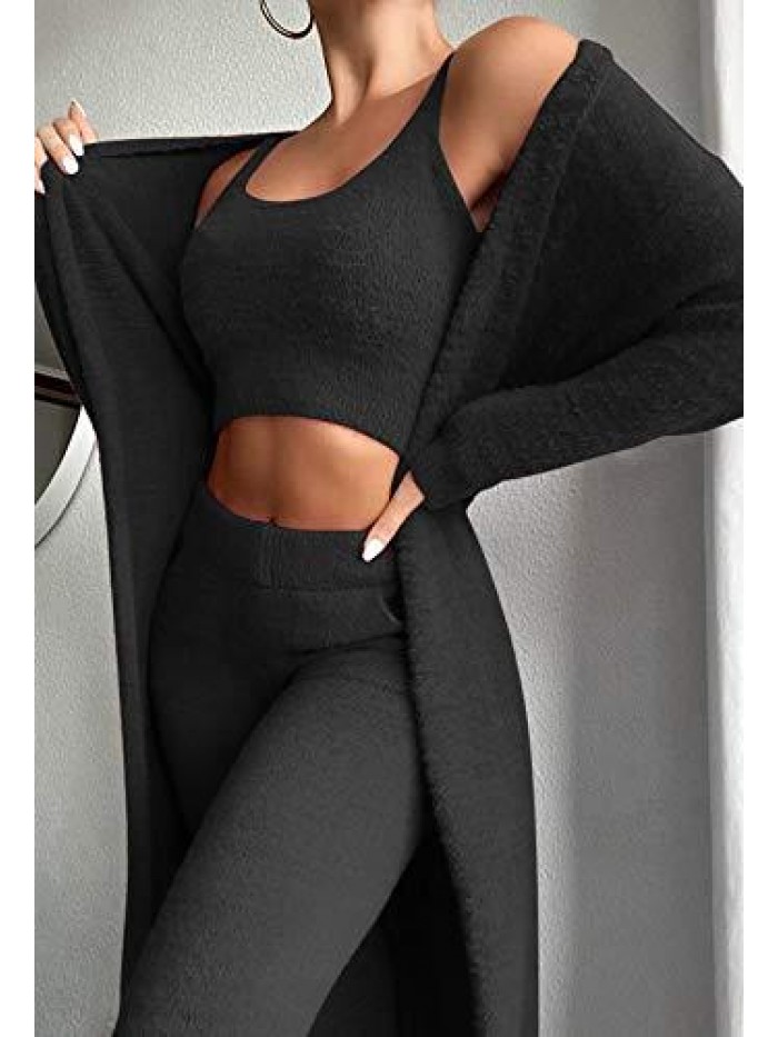 Womens 3 Piece Lounge Set Scoop Neck Crop Tops High Waist Pants Open Front Cardigan Outfit Set 