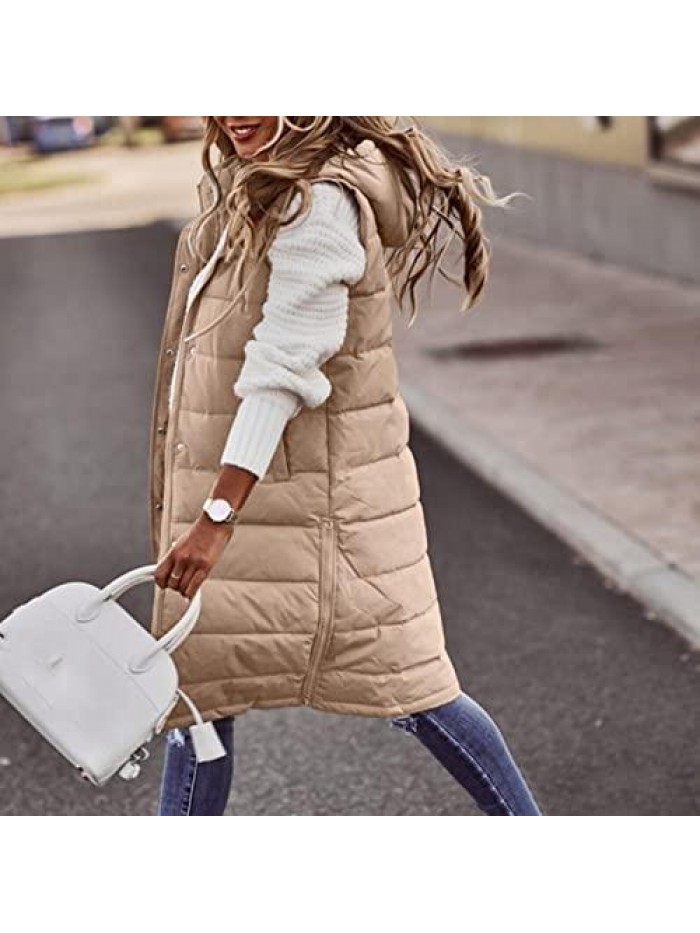 Women's Long Down Vest Plus Size Sleeveless Hooded Jacket Winter Slim Zipper Coat Outdoor Puffer Quilted Vest 