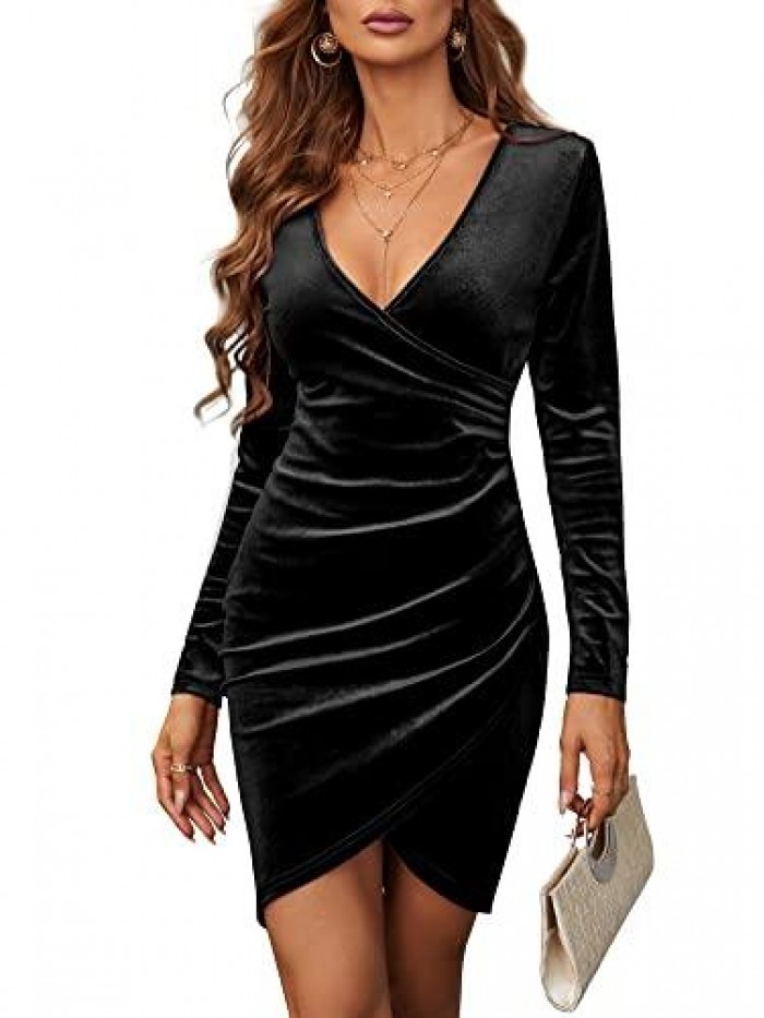 Velvet Valentines Day Dress for Women Wrap V Neck Long Sleeve Ruched Midi Dresses for Cocktail Evening Party 