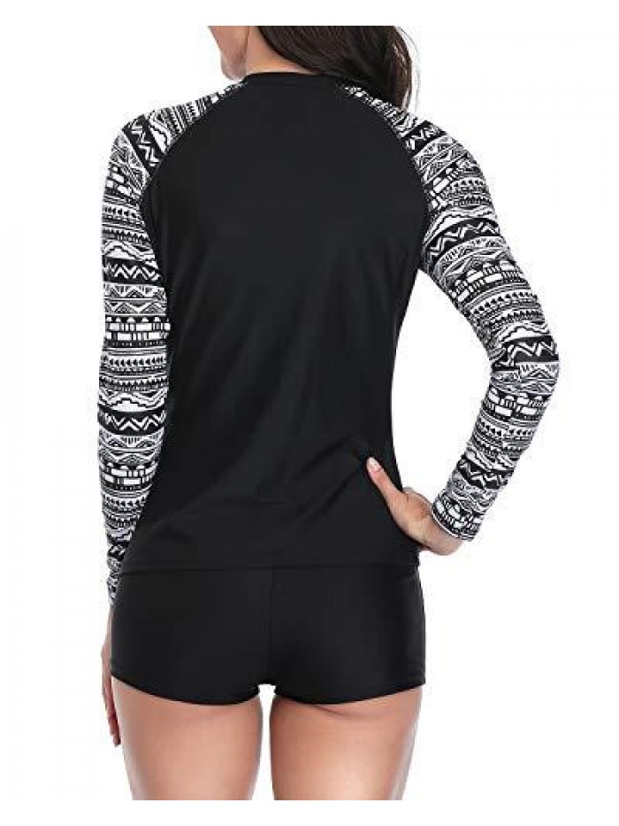 Women Two Piece Rash Guard Long Sleeve Swimsuits UV UPF 50+ Swim Shirt Bathing Suit with Boyshort Bottom 