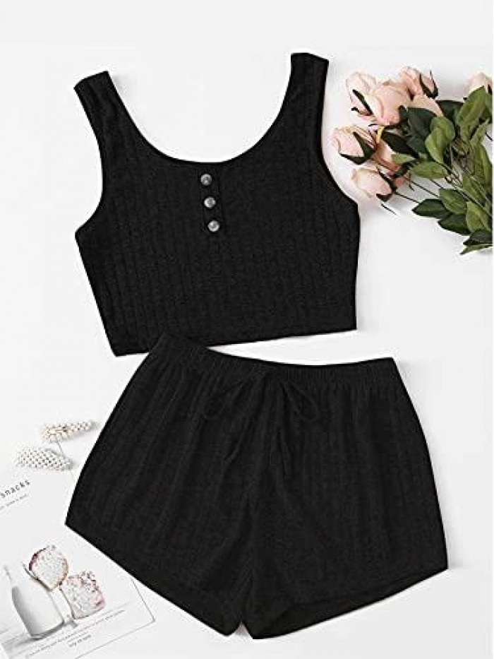 Women's 2 Piece Sleeveless Button Crop Tank Tops and Shorts Lounge Set 