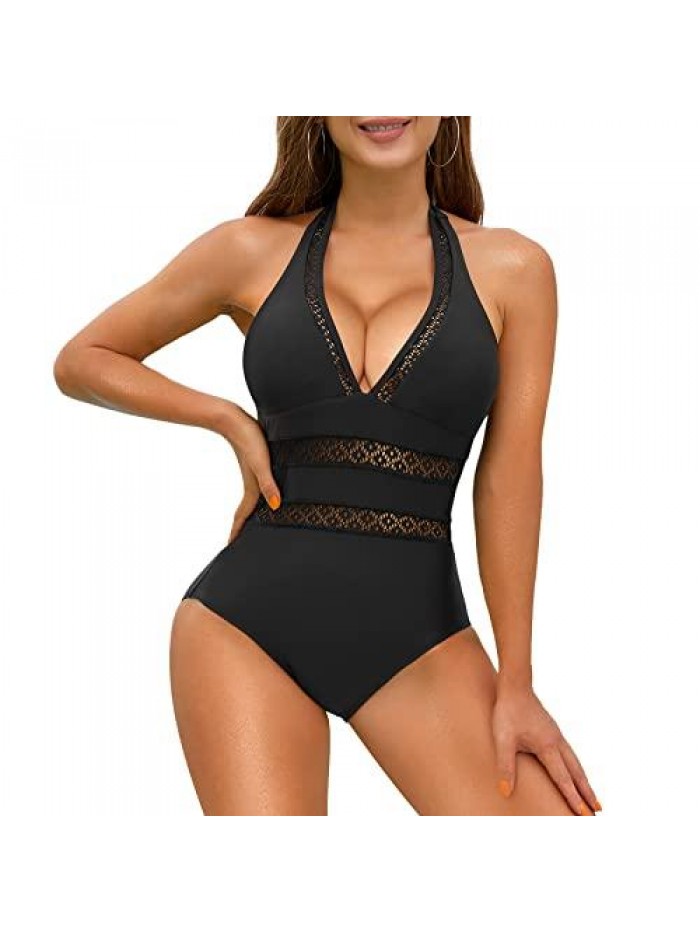 Women's One Piece Swimsuit Halter Plunge V Neck Monokini Swimwear Mesh Hollow Out Bathing Suit 