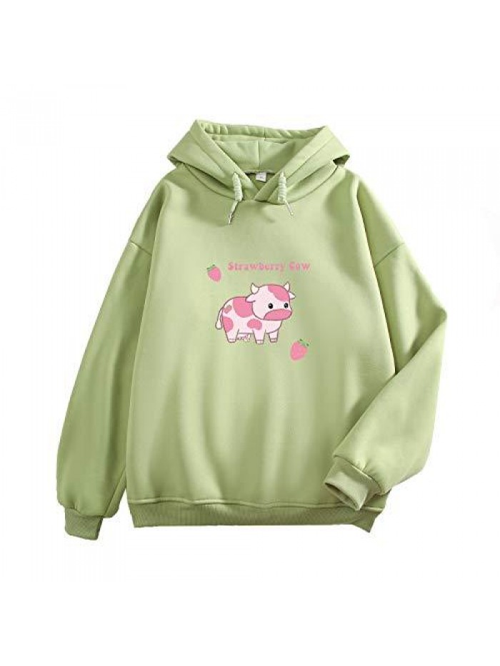 Sweatshirts for Women Cute Strawberry Cow Print Hoodie Casual Fuzzy Top 