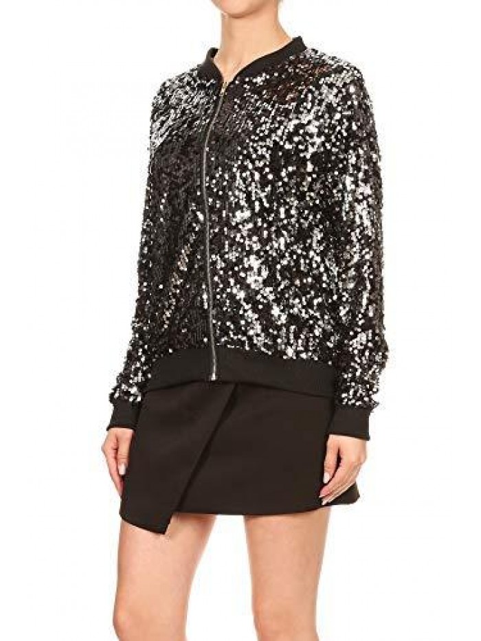 Womens Sequin Long Sleeve Front Zip Jacket with Ribbed Cuffs 