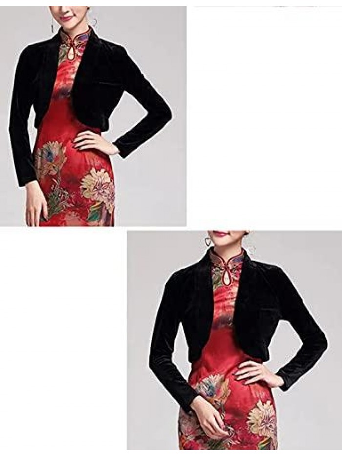 Women's Long Sleeve Velvet Shrug for Dress Open Front Cropped Bolero Cardigan 