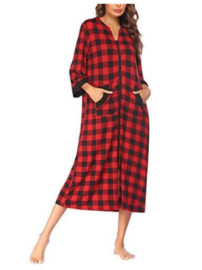 Women Zipper Robe 3/4 Sleeves Loungewear Full Length Sleepwear Pockets Housecoat Long Soft Bathrobe 