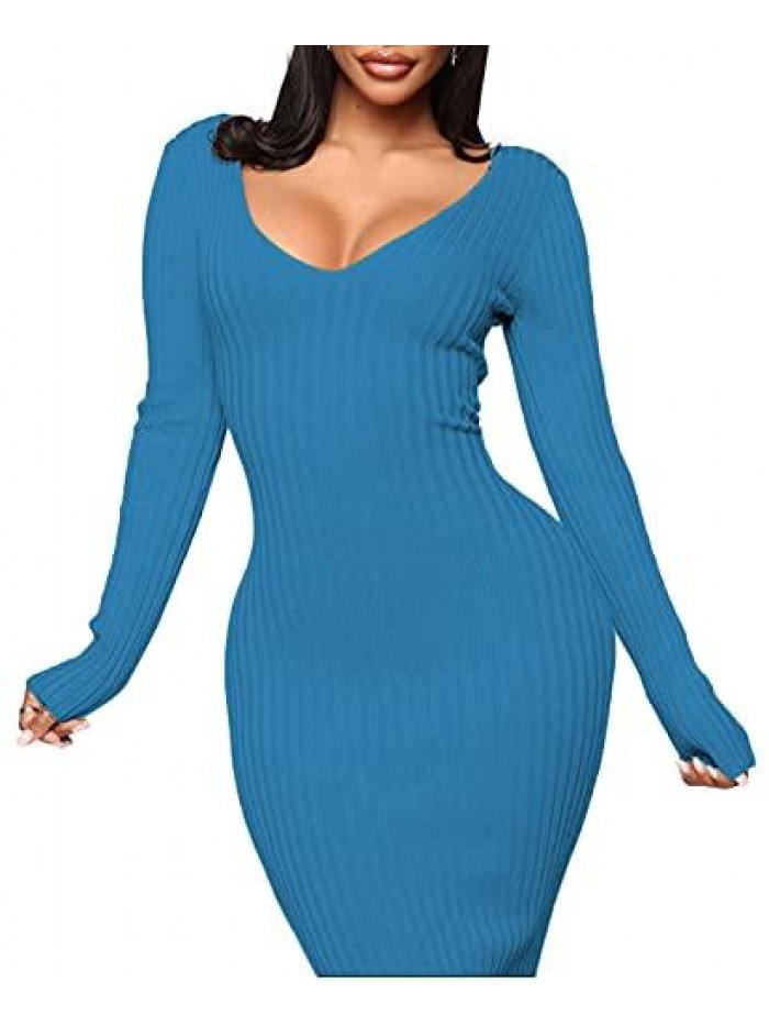 Women's Off Shoulder Long Sleeves Bodycon Sweater Dress Sexy Knit Slim Cardigans 