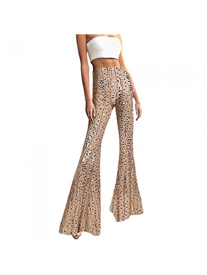 Women Fairy Sequin High Waist Flare Pants Sparkle Glitter Bell Bottom Trousers Party Clubwear Streetwear 