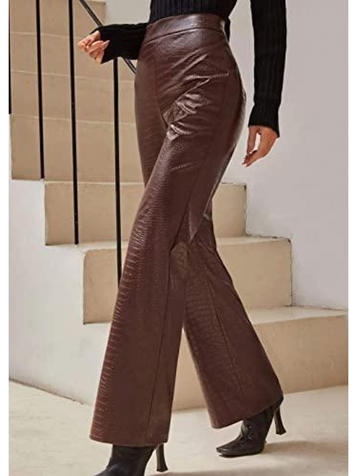 Crocodile Effect Straight Leg PU Leather Trousers High Waist Faux Leather Pants 