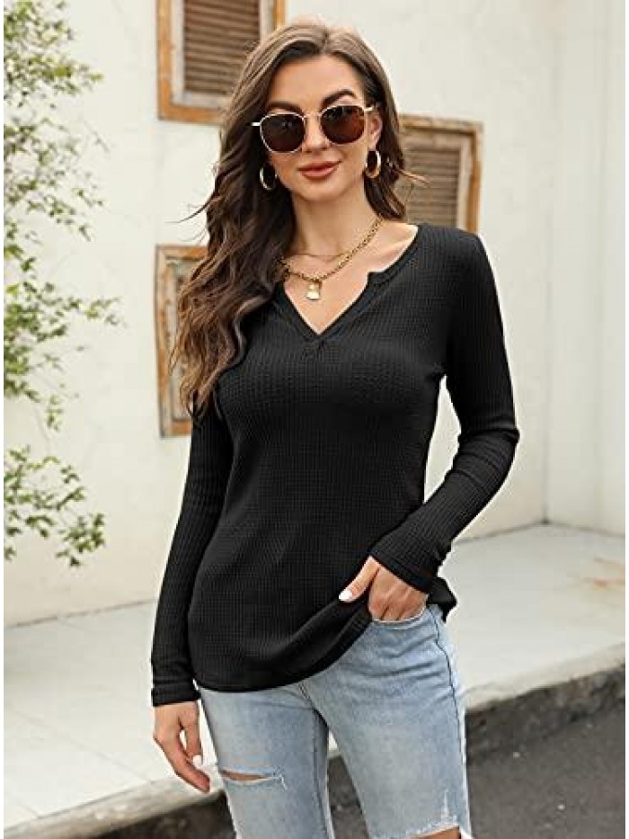 V Neck Waffle Knit Henley Tops Casual Long Sleeve Pullover Sweater Blouses 