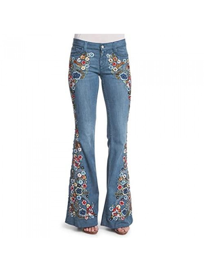 Bottom Flare Jeans for Womens Chic Floral Embroidered Broad Feet Denim Pants Girls Trend Straight Leg Jeans  