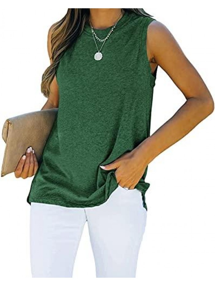 Tank Tops Loose Fit Crewneck Sleeveless Casual Solid Color Side Split Basic Summer Shirts 