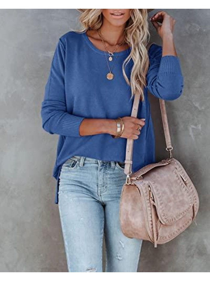 Crew Neck Tunic Pullover Sweater Solid Color Loose Casual Warm Lightweight Side Split Knit Sweaters 