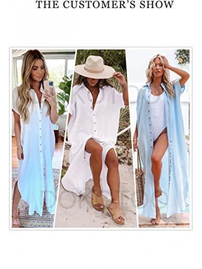 Womens Casual Short Sleeve Side Split Button Down Long Kimonos Cardigans Swimsuit Cover Ups 