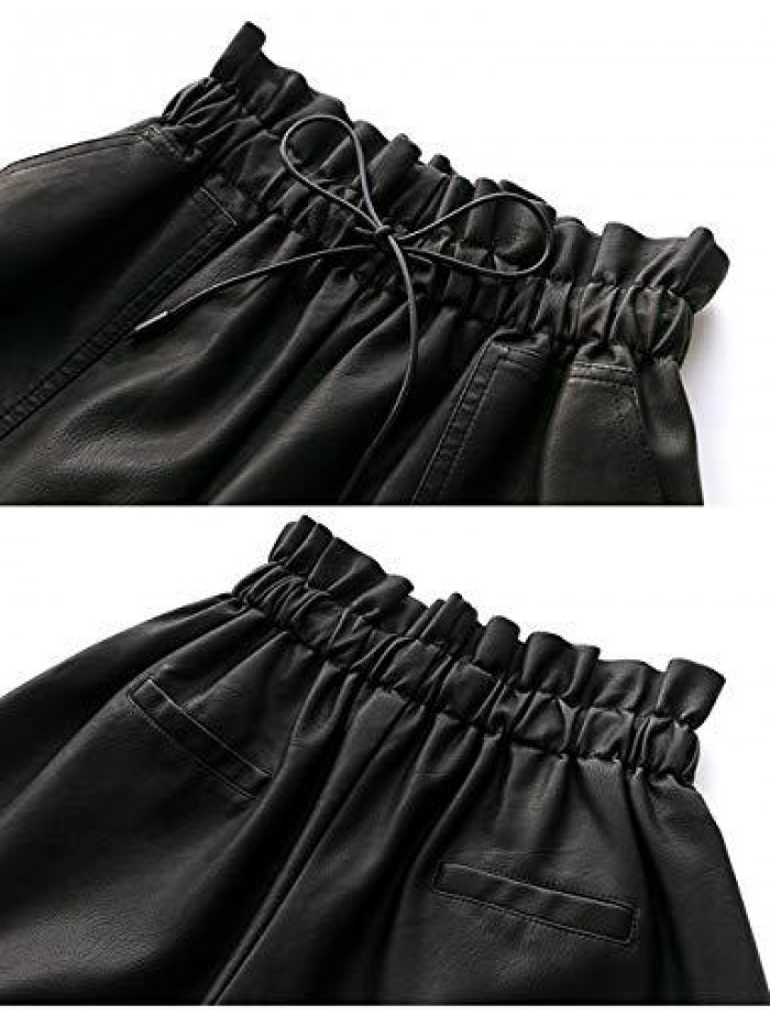 High Waisted Wide Leg Black Faux Leather Shorts for Women 