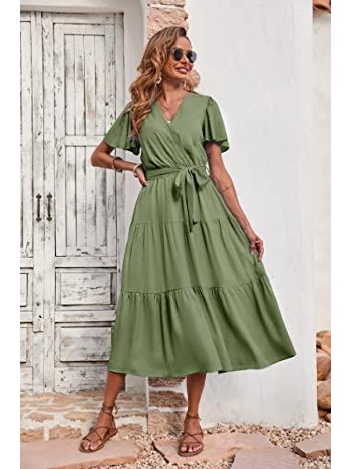 Women's Summer Wrap V Neck Ruffle Sleeve Tiered Midi Dress Tie Waist Flowy Long Beach Dress 