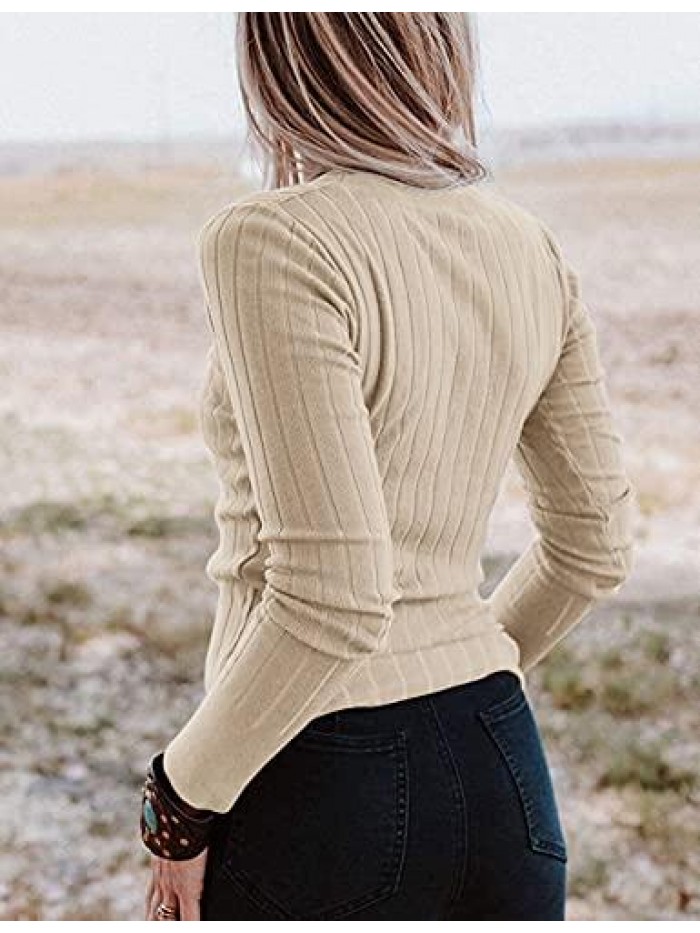 Women's Long Sleeve V Neck Ribbed Button Knit Sweater Solid Color Tops 