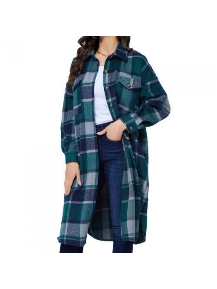 Womens Long Plaid Shacket Jacket Casual Fashion Lapel Button Down Long Sleeve Long Plaid Coat with Pockets 