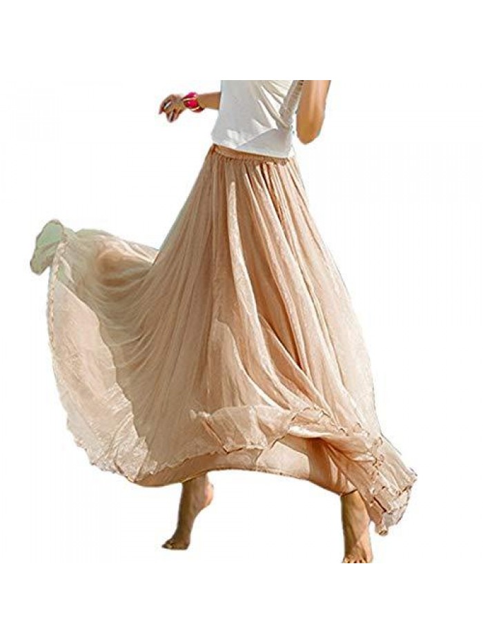 Women Retro Vintage Double Layer Chiffon Pleat Maxi Long Skirt Dress 