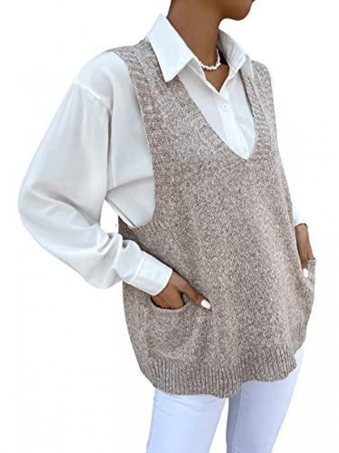 Women's Oversized Sweater Vest V Neck Dual Pocket Side Sleeveless Marled Knit Sweater Vest Pullovers 