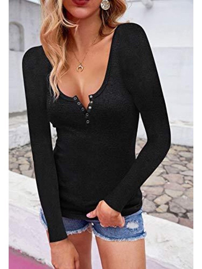 Scoop Neck Henley Sweatshirts Low Cut Solid Sexy Fall Long Sleeve Button Down Shirts 