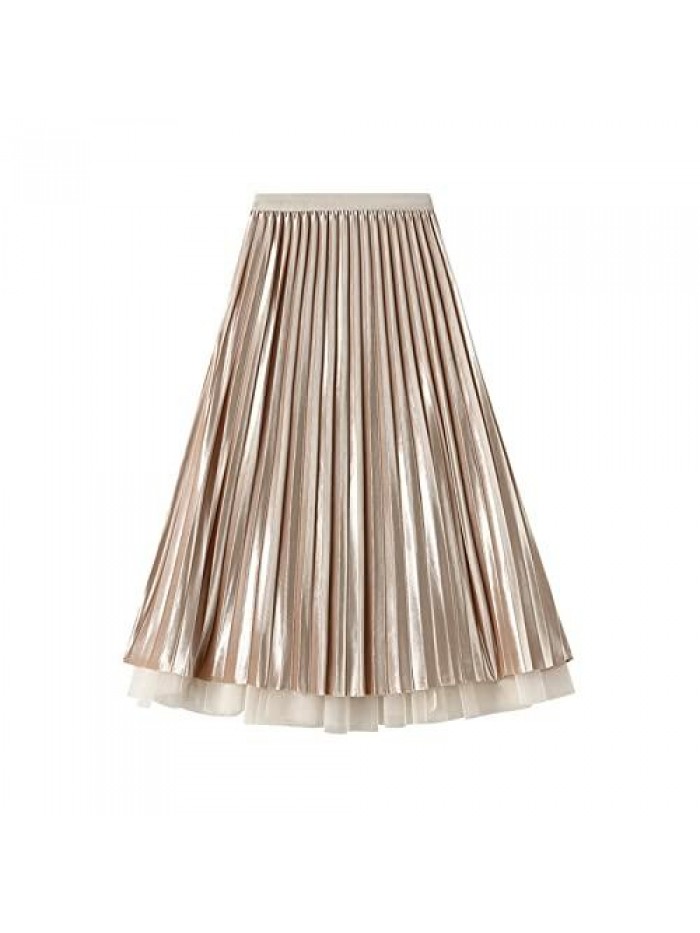 Tulle Tutu Skirt Elastic High Waist Layered Mesh Skirt Reversible Pleated A-Line Midi Skirt 