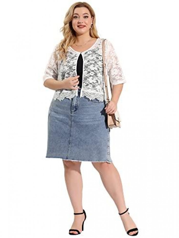 Orinda Plus Size Shrug Top for Women 1/2 Sleeve Floral Lace Kimono Open Front Sheer Shrug Tops Valentine Day 