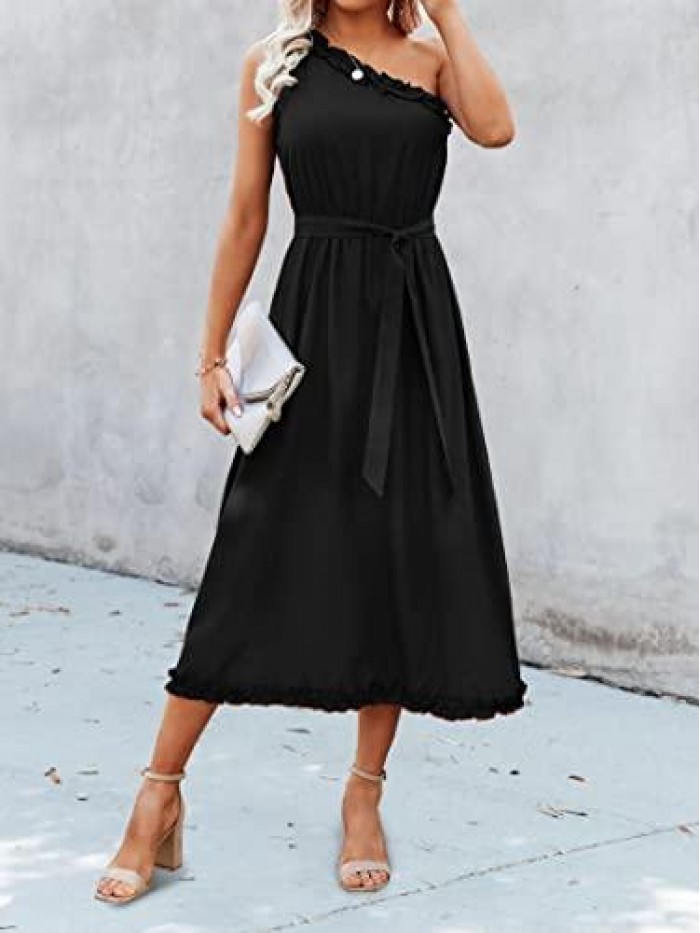 Women’s Sexy One Shoulder Sleeveless Solid Midi Dress Summer Ruffle Elegant Cocktail Long Dress with Waist Belt 