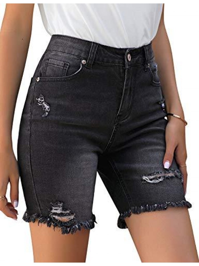 Women's High Waist Bermuda Shorts Ripped Distressed Stretch Denim Shorts 