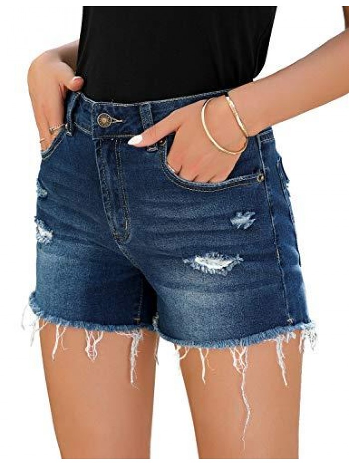 Women's Mid Rise Ripped Denim Shorts Frayed Raw Hem Casual Jeans Shorts 