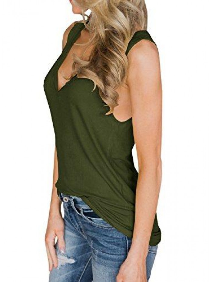 Womens V Neck Tank Tops Sleeveless Henley Shirts Button Up Ribbed Long Tunic Tees 