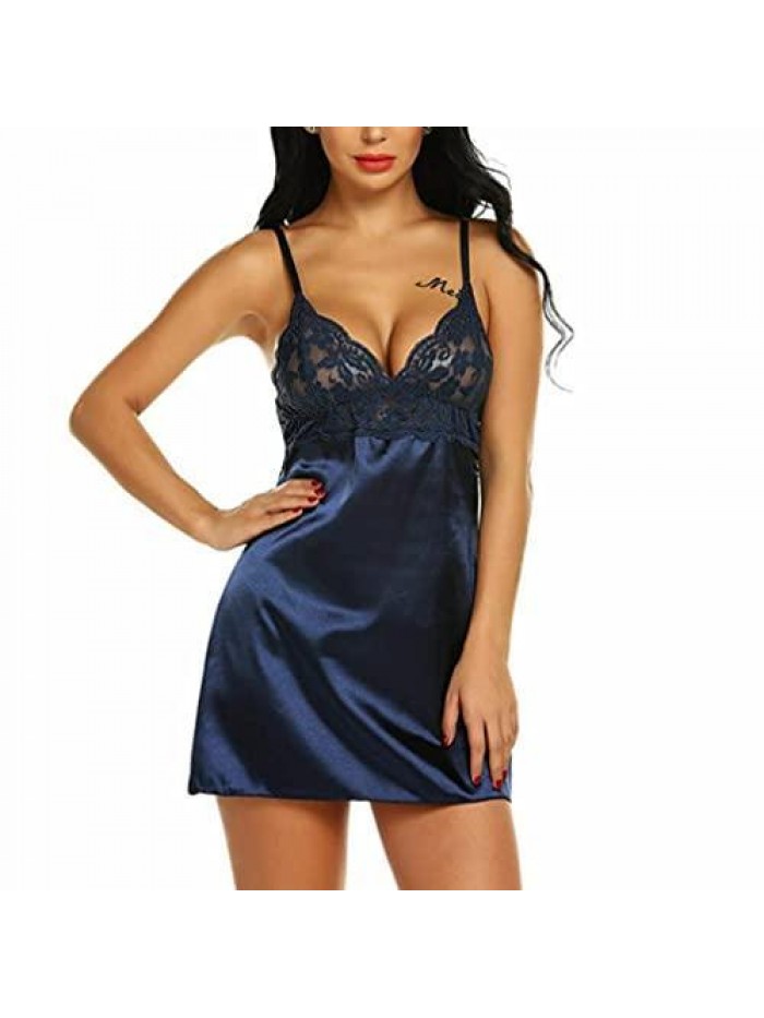 Day Women Sexy Satin Nightdress Dress Low-Cut Backless Hollow Out Lace Spaghetti Strap A-line Mini Dress 