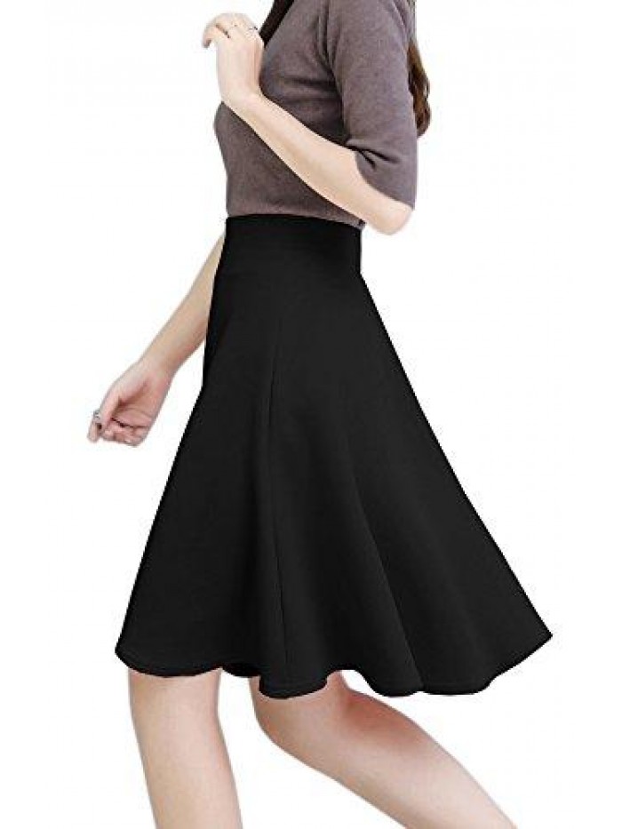 Womens Stretch Waist A-line Flared Skater Midi Skirt 