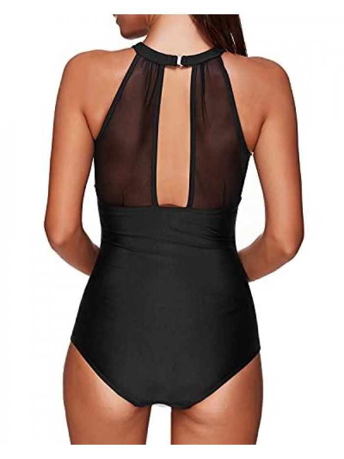 Me Women One Piece Swimsuit High Neck Plunge Mesh Ruched Monokini Swimwear 