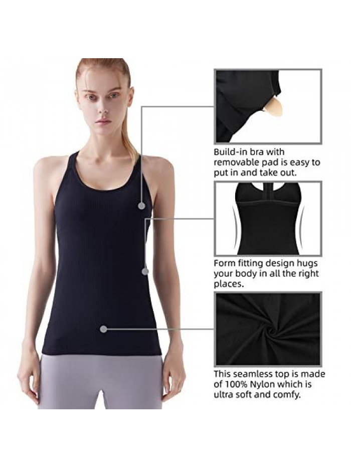 GIRL Yoga Tank Top for Women, Silm Fit Racerback Workout Shirt with Build-in Bra Gym Running 