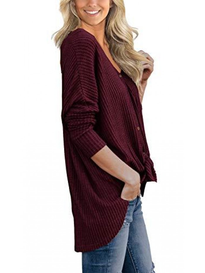 Women's Waffle Knit Tunic Blouse Tie Knot Henley Tops Loose Fitting Bat Wing Plain Shirts 