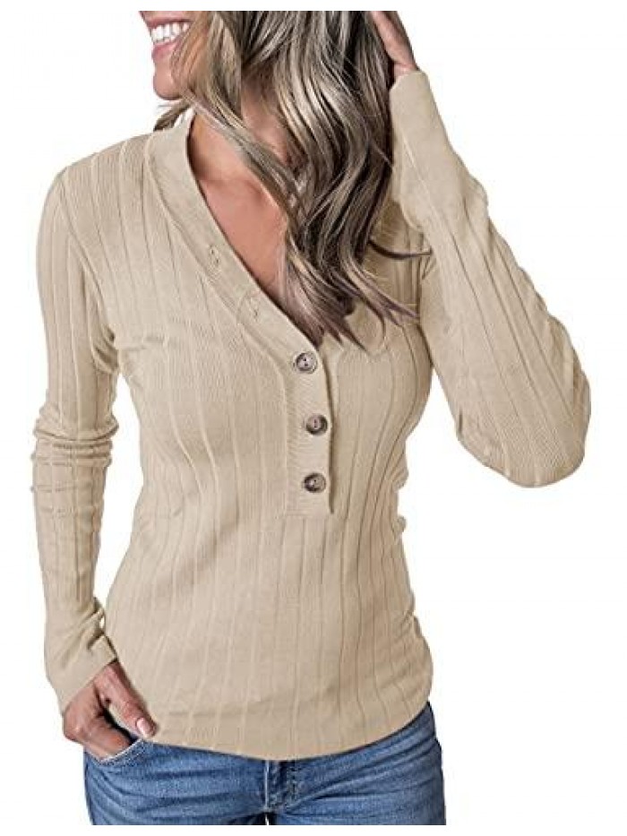 Women's Long Sleeve V Neck Ribbed Button Knit Sweater Solid Color Tops 