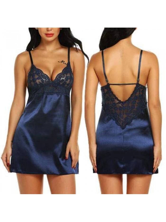 Day Women Sexy Satin Nightdress Dress Low-Cut Backless Hollow Out Lace Spaghetti Strap A-line Mini Dress 