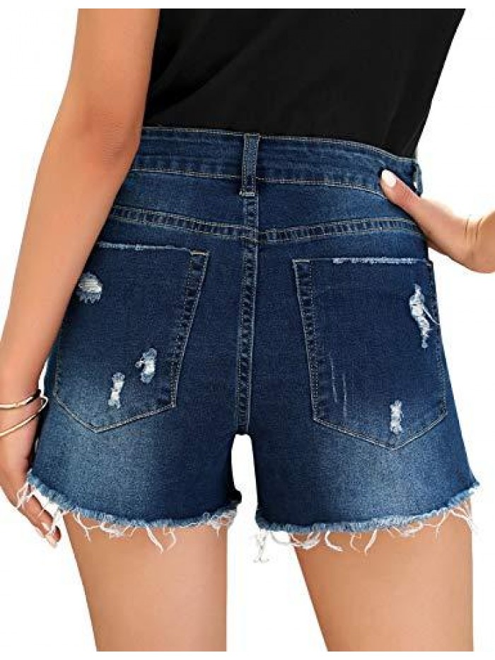 Women's Mid Rise Ripped Denim Shorts Frayed Raw Hem Casual Jeans Shorts 