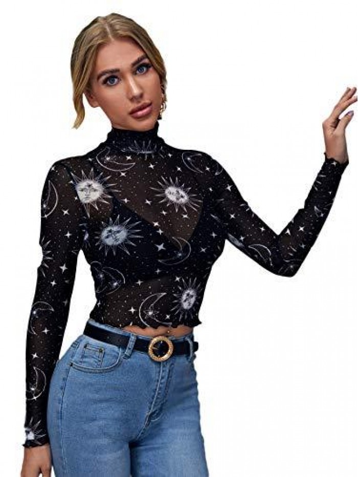 Women's Long Sleeve Mock Neck Angel Print Sexy Sheer Mesh Crop Top 