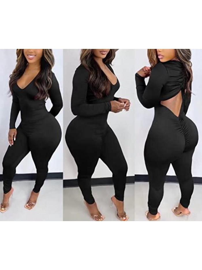 Bodycon Jumpsuits for Women Long Sleeve Solid Drawstring Cutout Ruched Detail Bodycon Long Jumpsuit Rompers S-2XL 