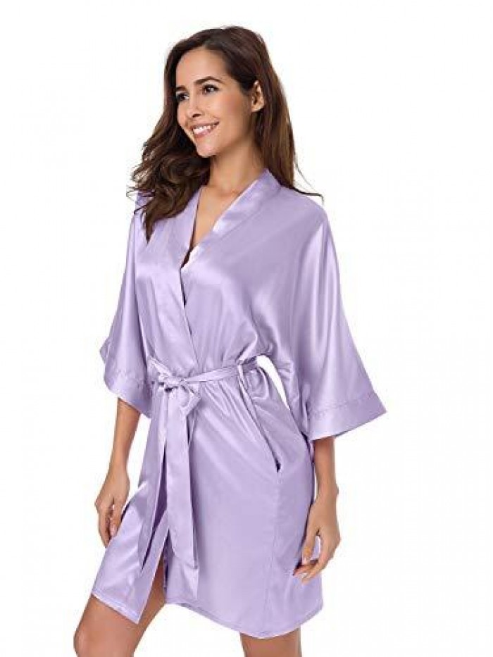 Women's Satin Robe Silk Kimono Bathrobe for Bride Bridesmaids Wedding Party Loungewear Short S-XXL 