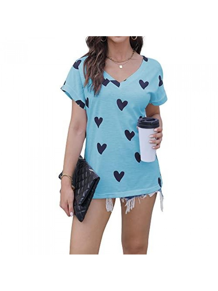 Print Heart V Neck T Shirts Casual Loose Short Sleeve Tee Soft Fashion Shirt Summer Tops 