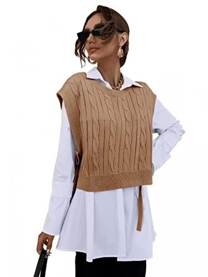 Women's Cable Knit Tie Knot Side Split Hem Round Neck Sleeveless Oversized Cropped Sweater Vest Pullovers 