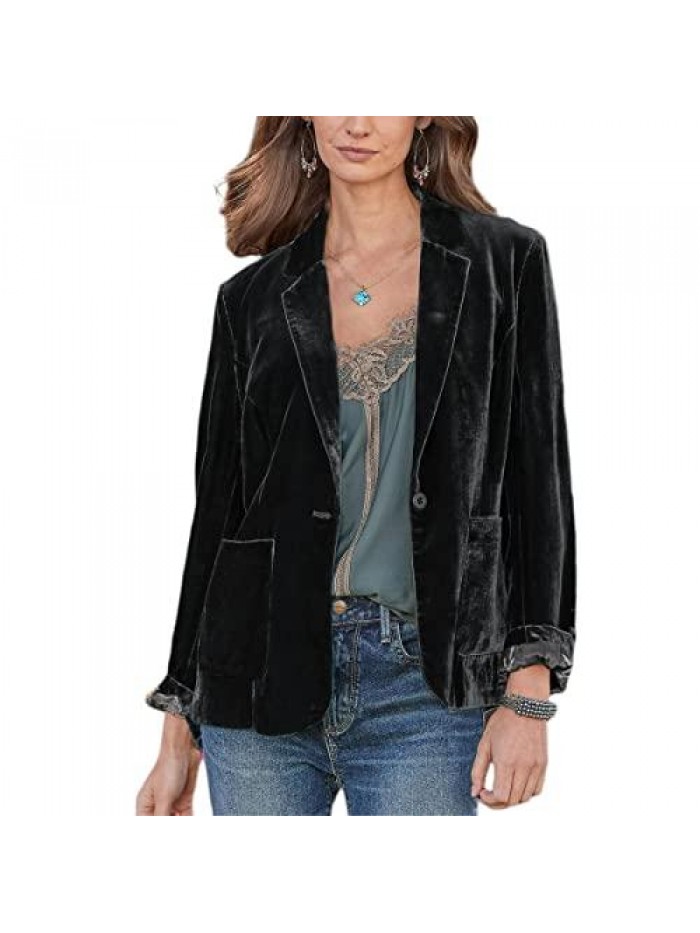 Velvet Blazer Cozy Lightweight Outerwear Retro Button Long Sleeve Solid Jacket Cardigan Coat Top Office Blazer Pokets 