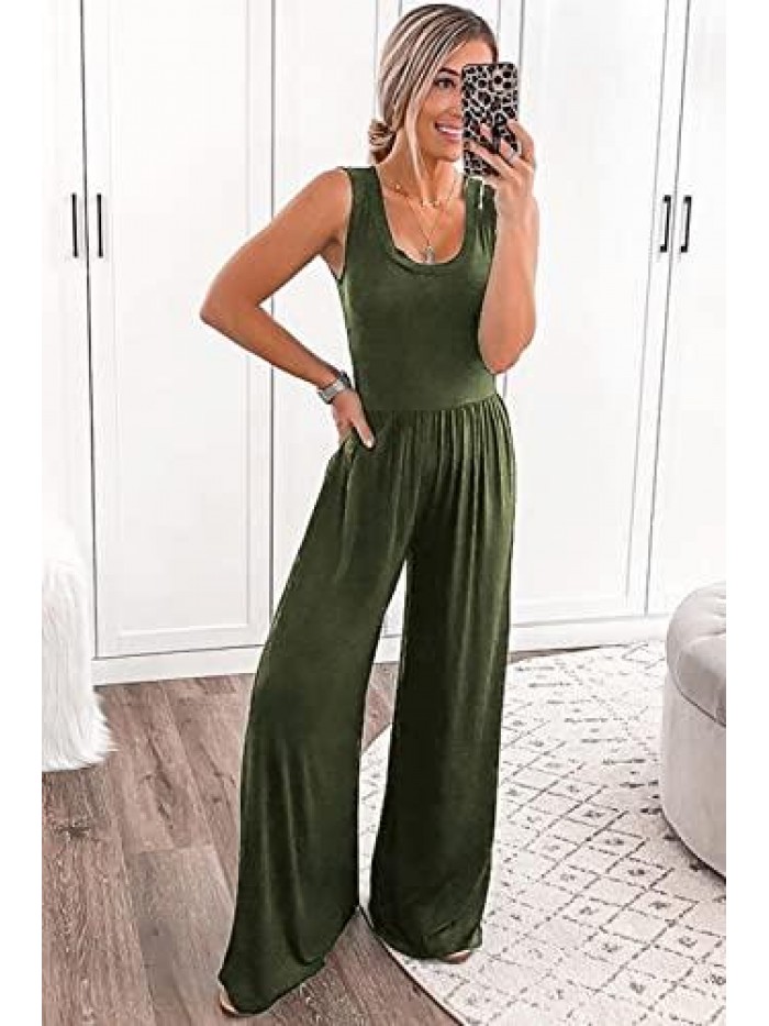 Women’s Summer Sleeveless Tank Jumpsuits High Waist Low Cut Casual Scoop Neck Fit And Flare Long Pants Rompers 