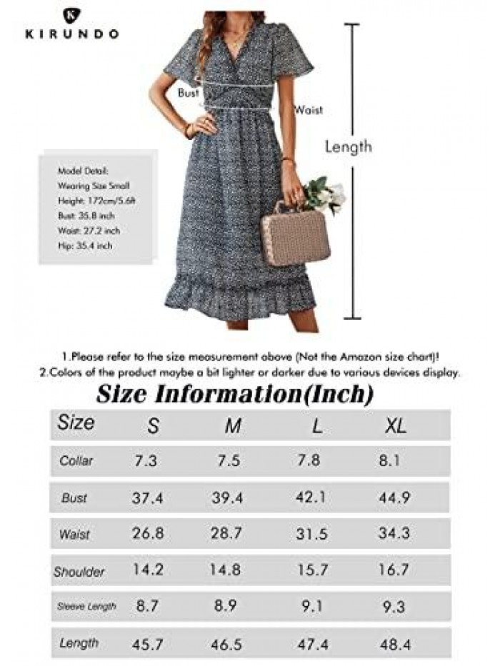 Women's Summer Casual Ruffle Short Sleeve Deep V Neck Boho Floral Print Midi Dress Flowy Chiffon A Line Long Dress 