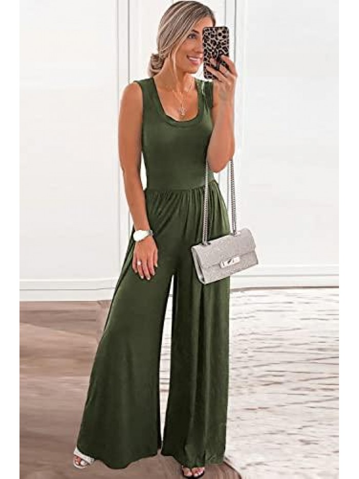 Women’s Summer Sleeveless Tank Jumpsuits High Waist Low Cut Casual Scoop Neck Fit And Flare Long Pants Rompers 